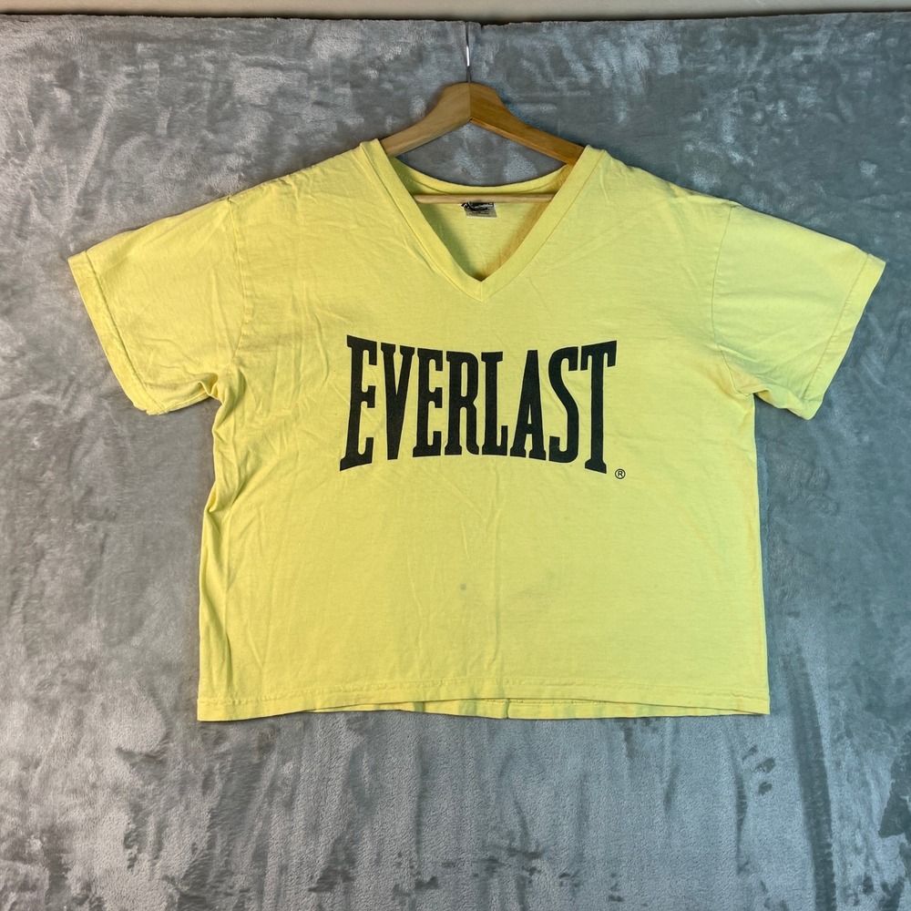 Vintage Everlast T Shirt Mens OSFA Yellow V-Neck Graphic Logo Short Sleeve USA